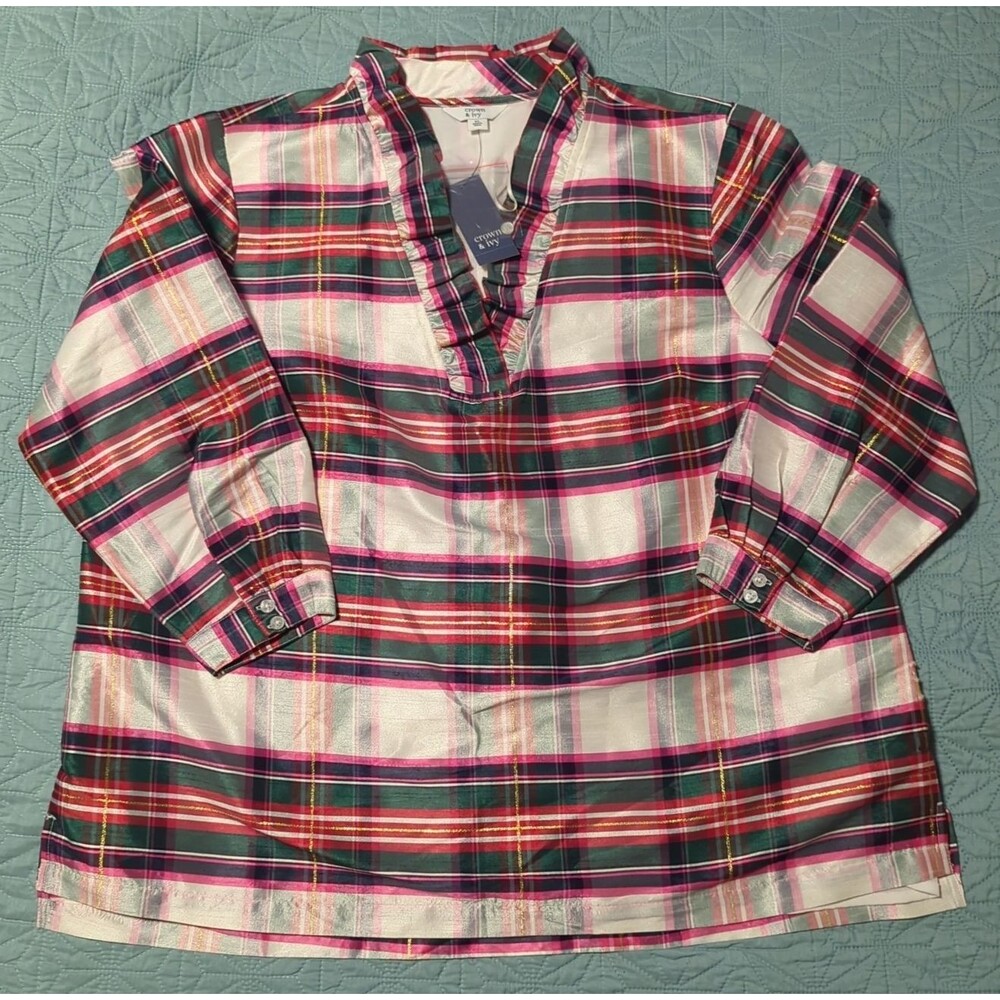 Crown & Ivy Womens XL Long Sleeve Ruffle Neck Multicolor Plaid Holiday Tunic NWT